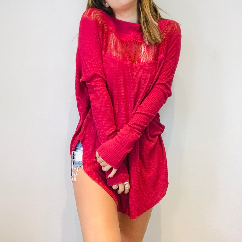 Free People pink lace inset oversized thermal - Picture 1 of 9
